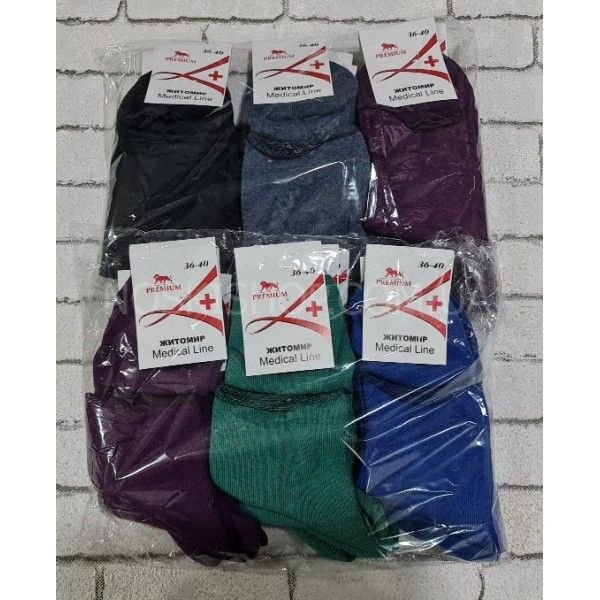 Шкарпетки "Житомир Преміум" medical line + 111-1 стрейч жіночі "Без резинки", р. 23-25 -випадкове асорті -(б/р однотонні + закручений верх -стрейч жін.) -уп. 12 шт