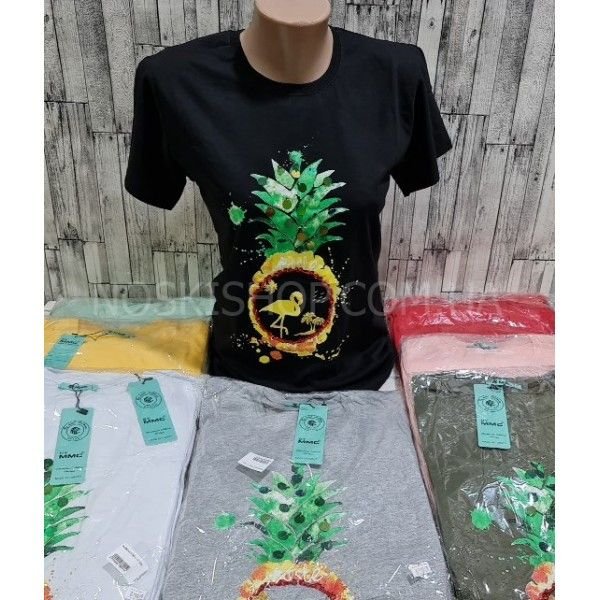 Розпродаж!!! Футболка жіноча Турція 8190-9 (ананас з камінчиками і паєтками) cotton р. S, m, l, xl -(44-46, 46-48, 48-50, 50-52) -(рожева, жовта)