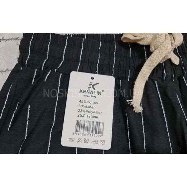 Акція!!!! Прогулянкові штани "KENALIN" 900-5 cotton/льон у дрібну смужечку + з боків кишені, р. Xl-(42-44), 2xl-(44-46) -(чорні в смужку -без вибору кольору смуг!!!)
