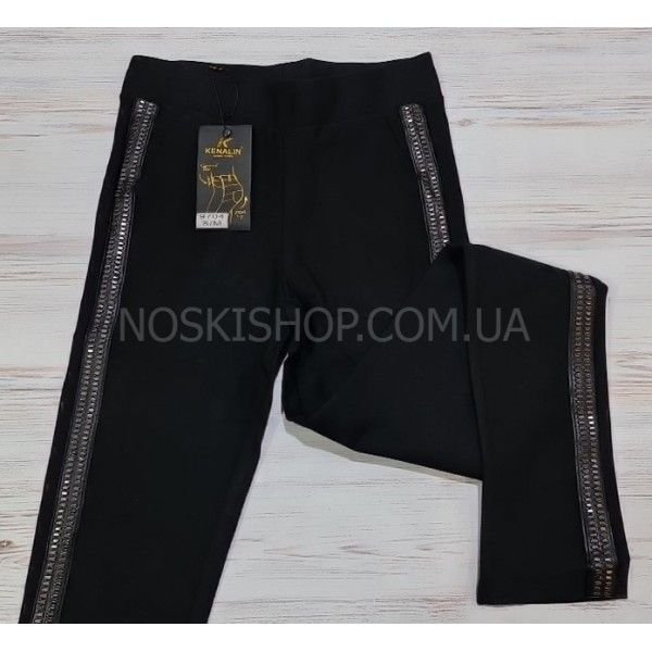 Лосини брючні "KENALIN" 9704 зі щільного стрейча +з боків шкіряні рельєфні лампаси з декором +спереду кишені, р. S/м-(42-44) -(чорні)