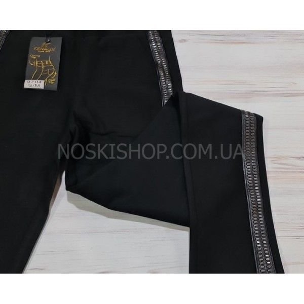 Лосини брючні "KENALIN" 9704 зі щільного стрейча +з боків шкіряні рельєфні лампаси з декором +спереду кишені, р. S/м-(42-44) -(чорні)