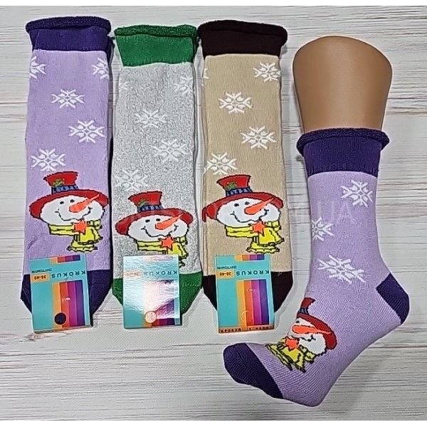 Шкарпетки Житомир "Крокус" 3372-2 махрові жіночі, р. 36-40 -випадкове асорті -(Сніговик в червоному капелюсі + жовтий шарф -махра)