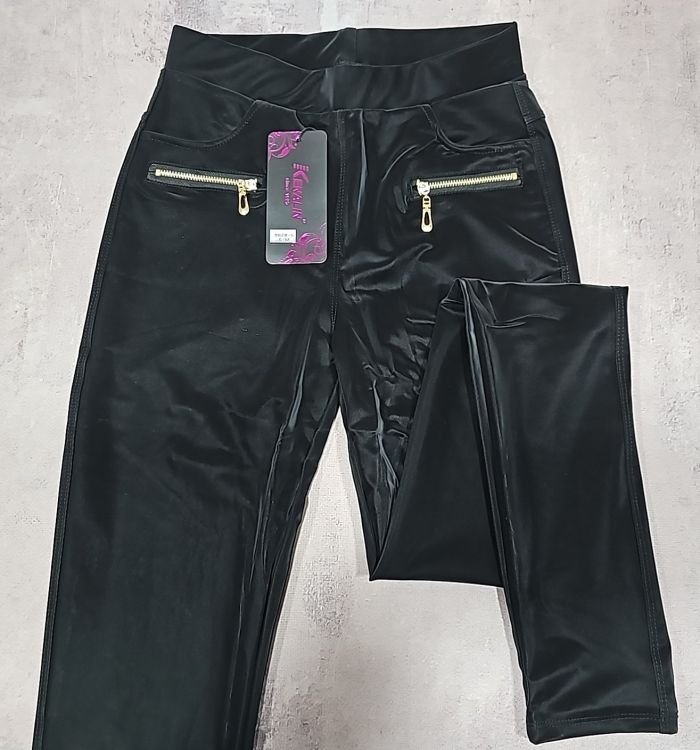 Лосини "KENALIN" 9628-5 екошкіра з ефектом блиску + спереду кишені на замочках р. S/M-(40-42) -(чорні)