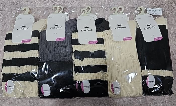 Шкарпетки "Корона" BY-591-2 стрейч / cotton жіночі, р. 36-41 - асорті - (Теніс / смугасті +однотонні в рубчик з порізами на широкій гумці) - уп. 10 шт
