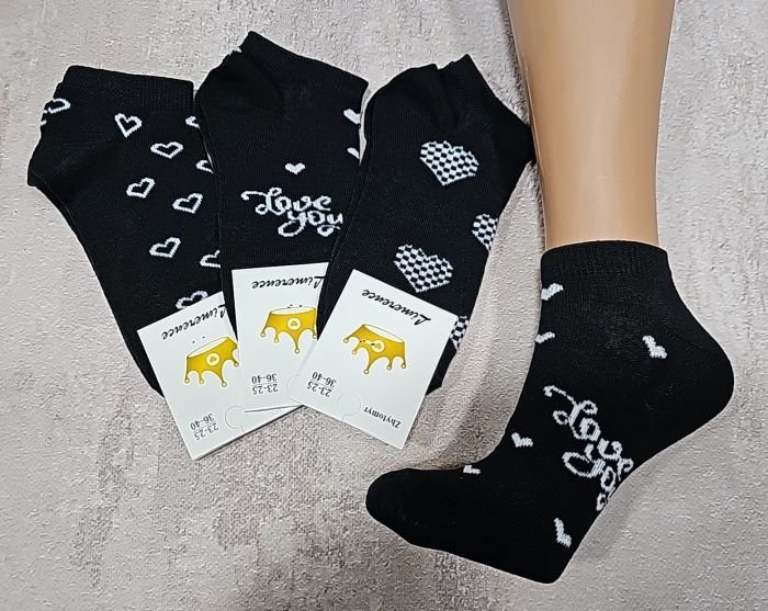 Шкарпетки Житомир "Limerence" 400-34 стрейч жін. (короткі) р. 36-40 -асорті -(чорні +мікс різних білих сердець +напис -короткі -стрейч)