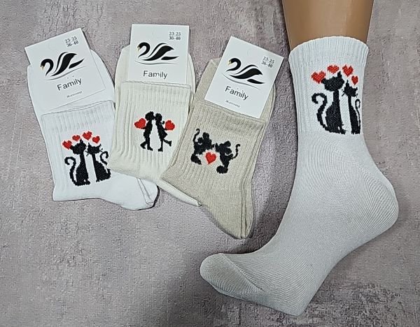 Шкарпетки Житомир "Limerence" 422-09 стрейч жіночі "Теніс середні", р. 36-40 -асорті -(середні-теніс +на широкій резинці в рубчик чорні силуети із серцями закоханих парачок, котиків та мишок -стрейч) -уп. 12 шт