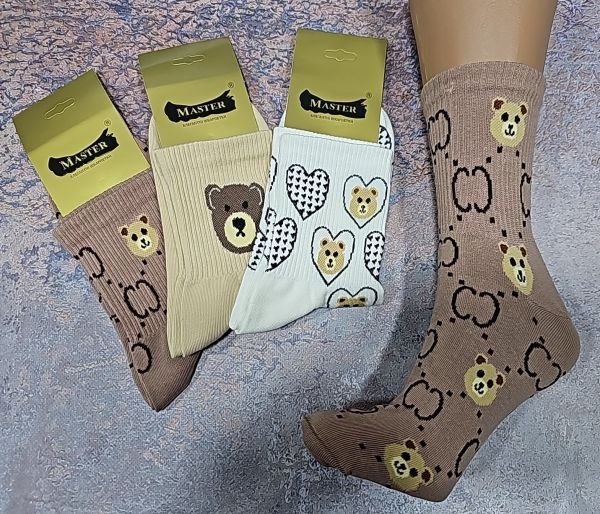 Шкарпетки Житомир "Master" 208-18 безшовні стрейч жіночі, р. 23-25 асорті - (Високі /кавовий мікс +мікс візерунків з мордочками ведмедів на високій гумці в рубчик) -уп. 12 шт