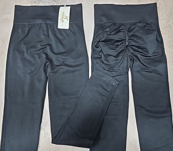 Лосини "Kenalin" 0921 безшовні гладкі з ефектом пуш-ап (Push-up) +широкий пояс +з боків однотонні рельєфні лампаси, р. L/4XL-(44-48) -(чорні)