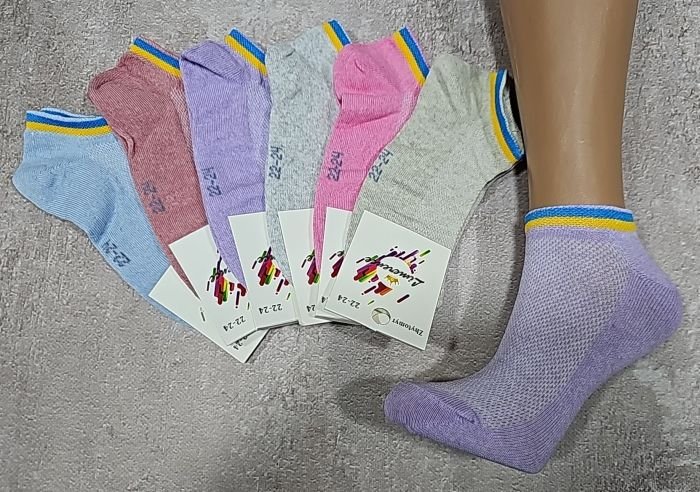 Шкарпетки Житомир "LIMERENCE" 00-11 сітка дитячі на розмір за довжиною стопи: р. 22-24 см -асорті -(дівчинка -сіточка кольорові +обідок на гумці) -уп . 12 шт