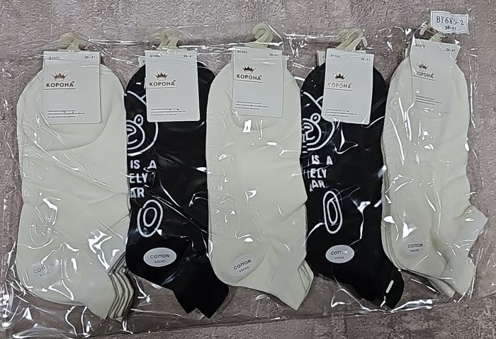Шкарпетки "Корона" BY-680-2 стрейч /cotton жіночі, р. 36-41 -асорті -(чорні +білі з язичком / виступом ззаду +білі гальма на підошві у вигляді ведмедя) -уп. 10 шт