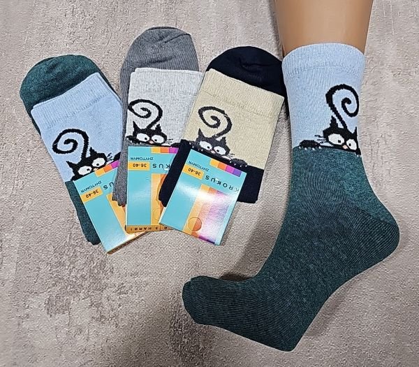 Шкарпетки Житомир "Krokus" 774-15 економ /стрейч жіночі, р. 36-40 -асорті -("економ" високі /двокольорові +під гумкою на широкій вставці котик з довгим хвостиком -високі -стрейч) -уп. 12 шт