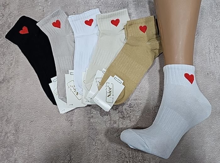 Шкарпетки "NiceSocks" 700 стрейч-cotton жіночі, р. 36-41 -асорті -(Укорочені /однотонні +на середній гумці в рубчик червоне серце + посередині гумка фіксатор -стрейч) -уп. 10 шт