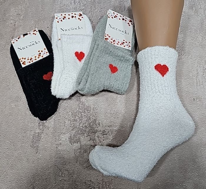 Шкарпетки "NiceSocks" 712-MIX-6-червоне-сердечко" трава-плюш жіночі, р. 36-40 -асорті -(Травка -чорні /білі /сірі +на середній гумці в рубчик червоне серце) -уп. 6 шт