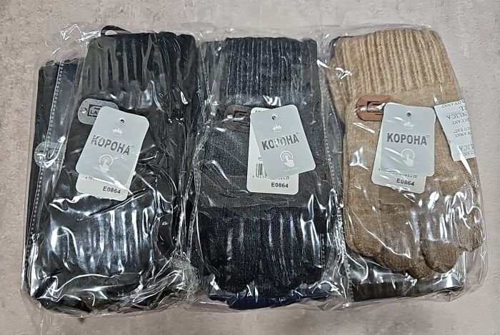 Рукавички підліткові "Корона" Е-0864 з начосом та з пальцями для сенсорного екрану, р. L-(10-12 років), XL-(12-14 років) -(асорті /однотонні + під манжетом емблема /хлопчик) -уп. 12 шт.