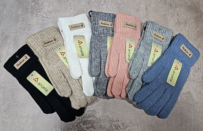 Рукавички жіночі "Anjela" 1117 з начосом +з пальцем для сенсорного екрану, асорті -(кольоровий мікс /однотонні в рубчик +на манжеті емблема) -уп. 12 шт.