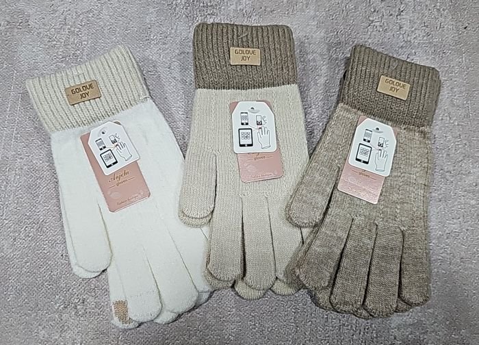 Рукавички жіночі "Anjela" 2030 з начосом +з пальцем для сенсорного екрану, асорті -(Карамельний мікс +на кавовому манжеті емблема) -уп. 12 шт.