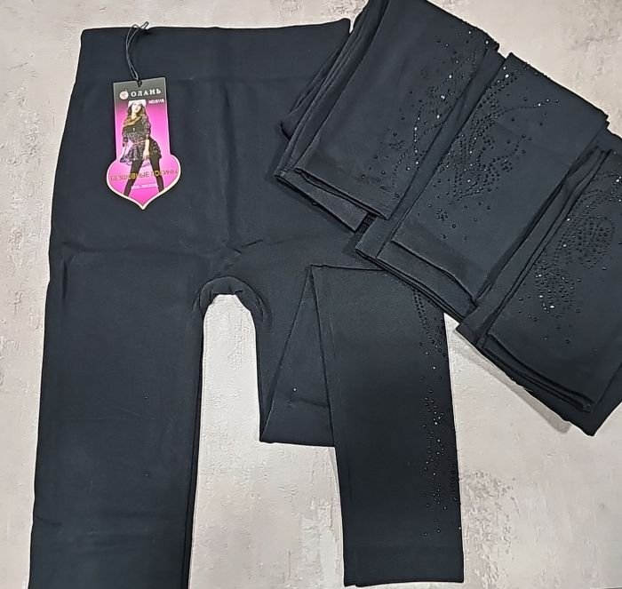 Лосини "Олань /Kataya" 6118-5 безшовні з начосом + знизу з боків мікс візерунків із камінчиків, р. 3XL/6XL-(46-50) -(чорні)