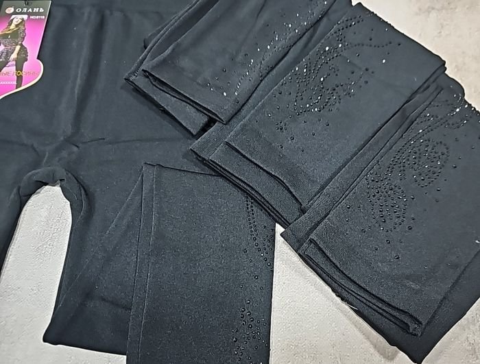 Лосини "Олань /Kataya" 6118-5 безшовні з начосом + знизу з боків мікс візерунків із камінчиків, р. 3XL/6XL-(46-50) -(чорні)