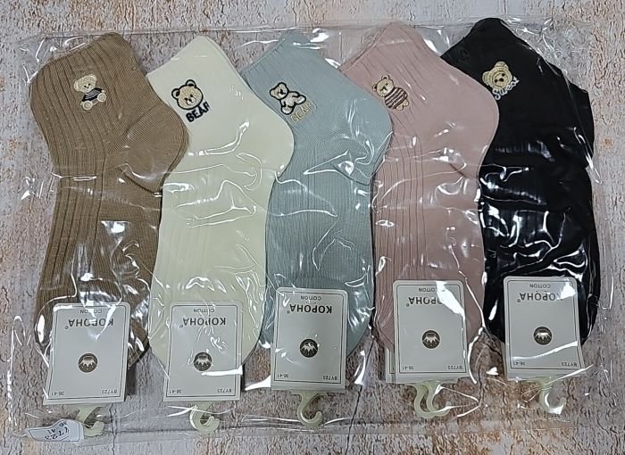 Шкарпетки "Корона" ВY-723 стрейч /cotton жіночі, р. 36-41 -асорті -(Середні /однотонні в рубчик +збоку вишивка різних ведмедів) -уп. 10 шт