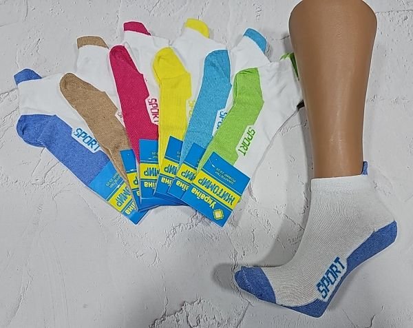 Шкарпетки "Житомир Преміум" 112-12 стрейч жіночі, р. 23-25 -випадкове асорті -(білий верх з кольоровою підошвою +посередині напис Sport +позаду язичок -стрейч) -уп. 12 шт