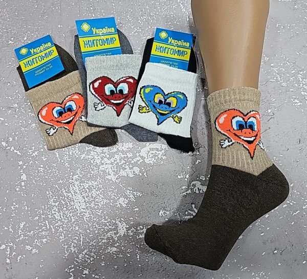 Шкарпетки "Житомир Преміум" 112-61 стрейч жіночі, р. 23-25 -випадкове асорті -(Двоколірні +на широкій гумці в рубчик велике веселе серце з очками) -уп. 12 шт