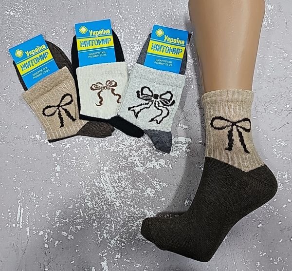 Шкарпетки "Житомир Преміум" 112-62 стрейч жіночі, р. 23-25 -випадкове асорті -(Двоколірні -кавовий мікс +збоку мікс різних бантиків на широкій гумці в рубчик) -уп. 12 шт