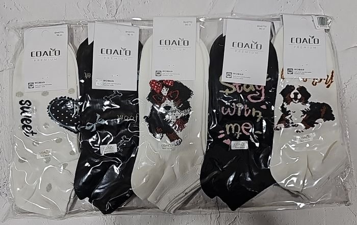Шкарпетки "COALO" BМ-6770 стрейч /cotton жіночі, р. 36-41 -(короткі / чорні та білі +великі собачки + велике серце в крапці + написи) - уп. 10 шт