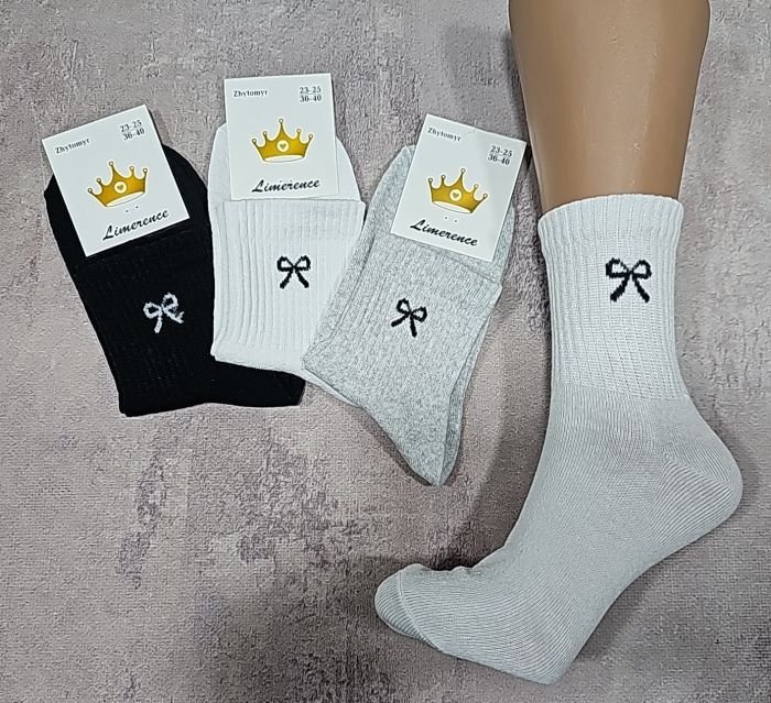 Шкарпетки житомир "LIMERENCE" 422-18 стрейч жіночі "Теніс середні", р. 36-40 -асорті -(середні-теніс /сірі, білі, чорні +збоку чорний бантик на широкій резинці в рубчик -стрейч)