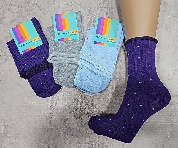 Шкарпетки Житомир "Krokus" 775-3 економ /стрейч жіночі "Без резинки", р. 36-40 -випадкове асорті -(б/р -у горошок із закрученим верхом -стрейч) -уп. 12 шт