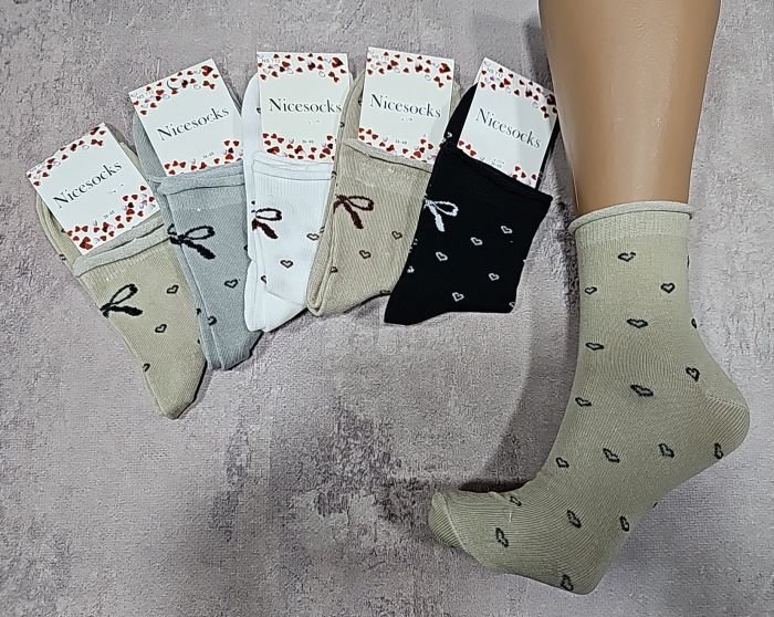 Шкарпетки "NiceSocks" 333-1 "медичні" стрейч /бавовна з ослабленою гумкою жіночі, р. 36-40 -асорті -(Б/р із закрученим верхом +маленькі сердечка та ззаду бантик -стрейч) -уп. 12 шт