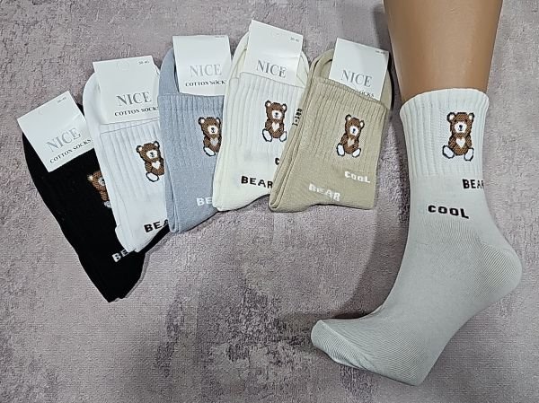 Шкарпетки "NiceSocks" 441-1 стрейч бавовна жіночі, р. 36-40 -асорті -(Високі +на високій гумці в рубчик великий ведмедик +під гумкою написи Cool, Bear -стрейч) -уп. 10 шт