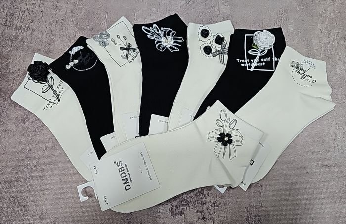 Шкарпетки "DMDBS" J:016 /(ЖЕ-016) стрейч / cotton жіночі, р. 36-41 -асорті -(Укорочені /чорні +молочні +збоку різний мікс декору ручної роботи) -уп. 10 шт