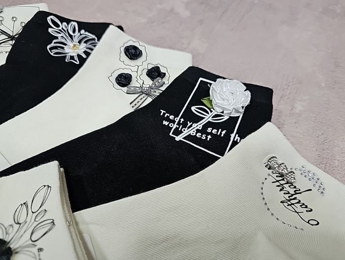 Шкарпетки "DMDBS" J:016 /(ЖЕ-016) стрейч / cotton жіночі, р. 36-41 -асорті -(Укорочені /чорні +молочні +збоку різний мікс декору ручної роботи) -уп. 10 шт