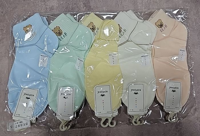 Шкарпетки "Корона" BY-687-5 стрейч жіночі, р. 36-41 -асорті -(Укорочені /однотонні +на гумці в рубчик вишита мордочка ведмедя з написом BEAR) -уп. 10 шт