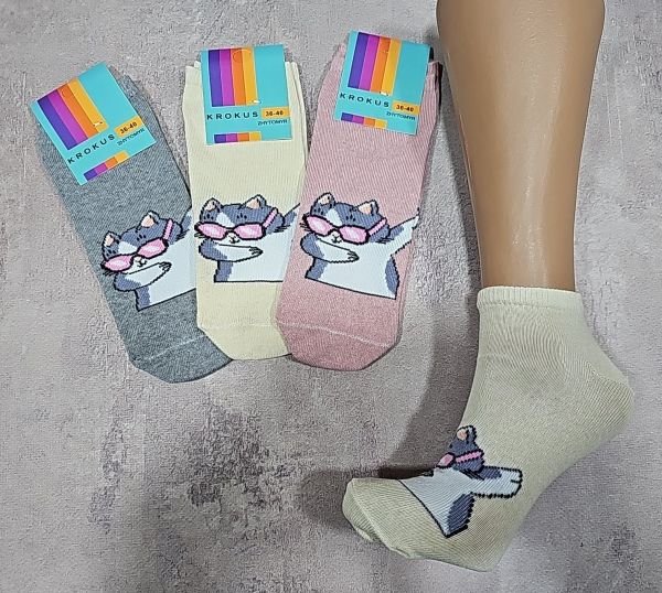 Шкарпетки Житомир "Krokus" 771-24 економ /стрейч жіночі, р. 36-40 -випадковий мікс -("економ" короткі /кольорові +спереду великий котик в окулярах -стрейч) -уп. 12 шт