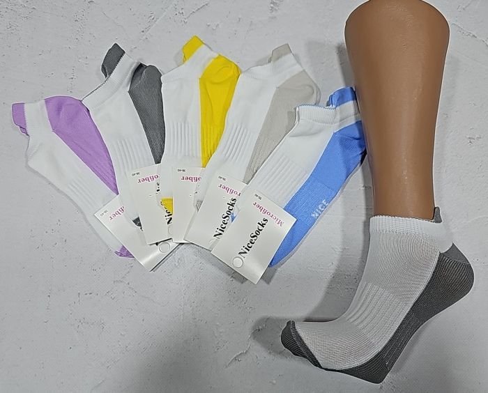 Шкарпетки "NiceSocks" 421-1 мікрофібра жіночі, р. 36-40 -асорті -(Короткі -"половинки" з білим верхом та з кольоровою підошвою +з виступом /язичком ззаду +посередині гумка фіксатор) -уп. 10 шт
