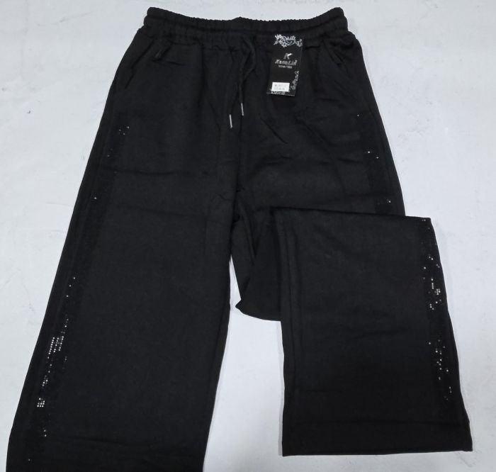 Прогулянкові брючні штани "KENALIN" 9671-2 з широким низом, верх на резинці +з боків лампаси з чорних камінчиків +спереду з боків кишені, р. 2XL/3XL-(46-50), 3XL/4XL-(48-52), 4XL/5XL-(50-54), 5XL/6XL-(52-56) -(чорні) -уп. 1 шт