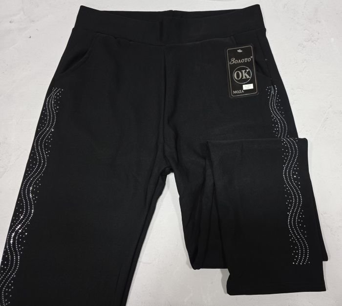 Лосини брючні "Золото" А-733 з боків візерунок з камінчиків +спереду і ззаду кишені, р. 8XL-(50-52), 9XL-(52-54), 10XL-(54-56) -(чорні)
