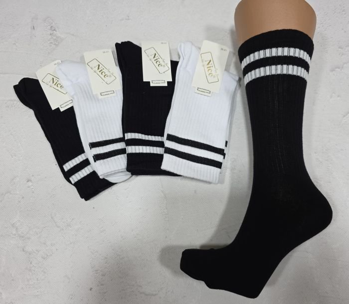 Шкарпетки "NiceSocks" 718-BL/WH стрейч /бавовна жіночі, р. 36-40 -(Теніс /білі +чорні +смужки на високій гумці в рубчик -стрейч) -уп. 10 шт