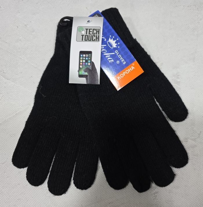 Рукавички чоловічі "Корона" Н-8125 з начосом та з пальцями для сенсорного екрану -(чорні -чоловічі) -уп.12 шт
