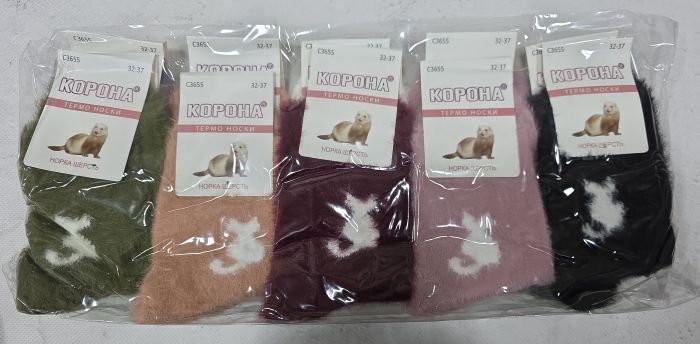 Шкарпетки "КОРОНА" C-3655-1 термо норка дитячі, р. 32-37 -асорті -(Дівчинка -однотонні +збоку котик) -уп. 10 шт