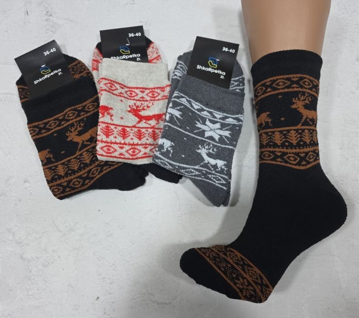 Шкарпетки Житомир "Shkarpetka" 6063-80 махрові жіночі р. 36-40 -асорті -(Махра -з широкою вставкою з мікс орнаментом та оленями) -уп. 12 шт