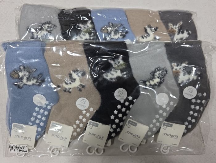 Шкарпетки "КОРОНА" CY-4005-1 альпака вовна з гальмами на стопі дитячі, р. 0-6м /8-10 см, 6-12м /10-12 см -асорті -("Бебіки" -під гумкою різні звірятка +на стопі силіконові гальма) -уп. 10 шт