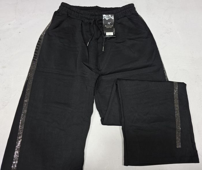 Прогулянкові штани "KENALIN" 9670-6 з широким низом, верх на резинці +з боків лампаси з камінчиків +спереду з боків кишені, р. 2XL/3XL-(46-50), 3XL/4XL-(48-52), 4XL/5XL-(50-54), 5XL/6XL-(52-56) -(чорні) -уп. 1 шт