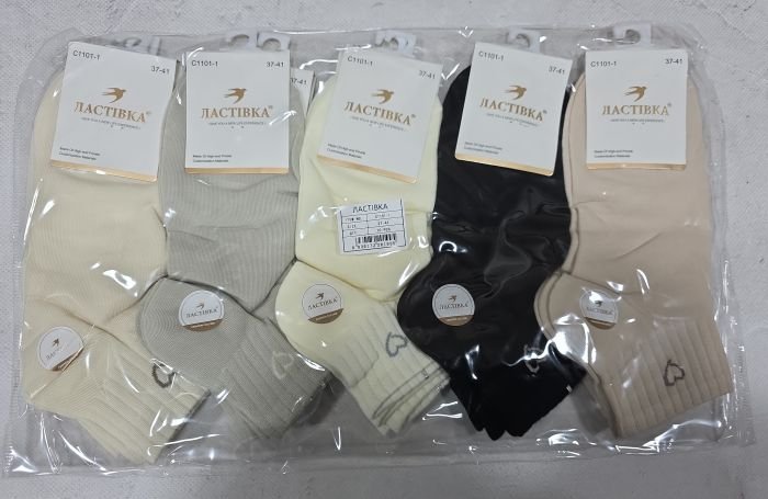 Шкарпетки "Ластівка" С-1101-1 стрейч /cotton ароматизовані жіночі, р. 37-41 -асорті -(Однотонні /укорочені +резинці в рельєфний рубчик маленьке серце) -уп. 10 шт