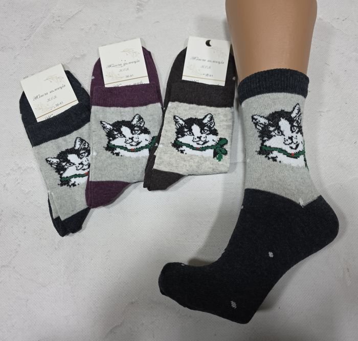 Шкарпетки Житомир "КОІ-Жіноча колекція" 122-42 стрейч жіночі, р. 36-41 -асорті -(Високі /темні +на сірій вставці мордочка котика +горошок на всій шкарпетці) -уп. 12 шт