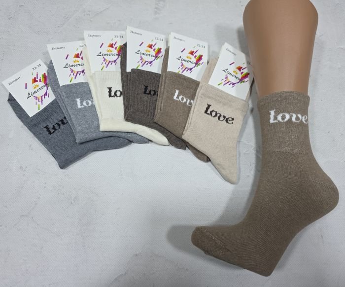 Шкарпетки Житомир "Limerence" 396-15 стрейч дитячі на розмір за довжиною стопи: 14-16, 16-18, 18-20, 20-22, 22-24 -асорті -(дівчинка -однотонні +на гумці в дрібний рубчик напис love -стрейч)