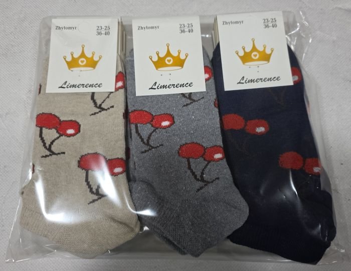 Шкарпетки Житомир "Limerence" 400-63 стрейч жіночі (короткі) р. 36-40 -асорті -(Великі гілочки вишні по всій шкарпетці -короткі -стрейч)