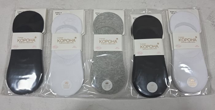Шкарпетки-сліди "Корона" BY-607-6 стрейч/ cotton жіночі із силіконом на п'яті, р. 36-41 -асорті -(Сліди /однотонні -три кольори) -уп. 10 шт