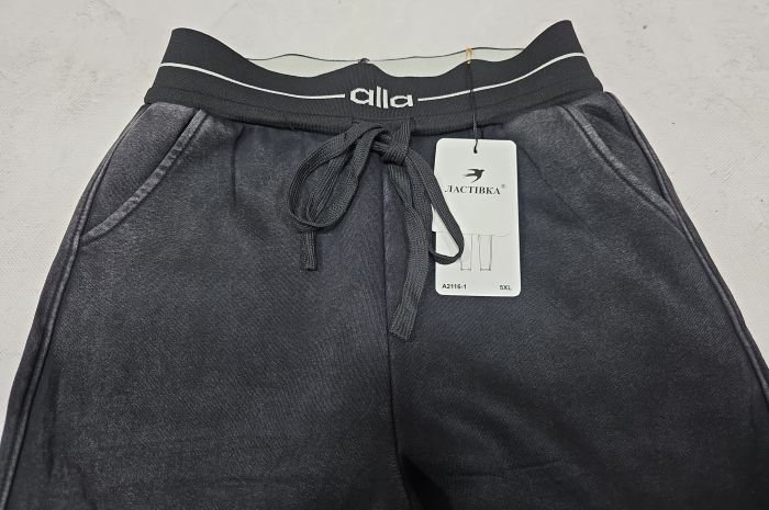 Прогулянкові штани "Ластівка" А-2116-1 трикотажні з ефектом варки та потертостей, низ на манжеті резинці, верх на плоскій резинці +з боків кишені, р. 5XL-(44-48), 6XL-(46-50), 7XL-(48-52) , 8XL-(50-54), 9XL-(52-56), 10XL-(54-58) -(чорно-сірий мікс)